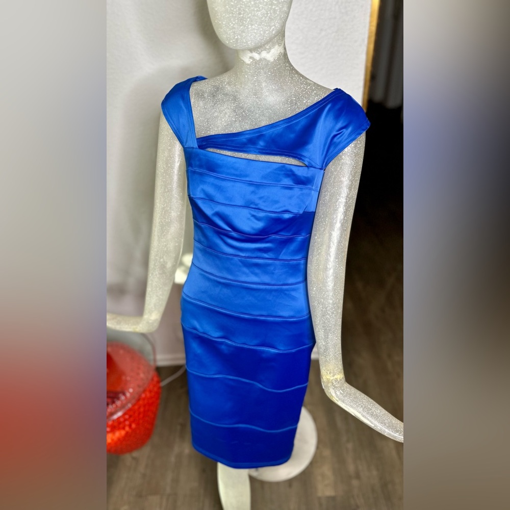 Tadashi Shoji Bodycon Blue Fitted Sheath Formal Evening Dress w/ Cutouts. Size 4